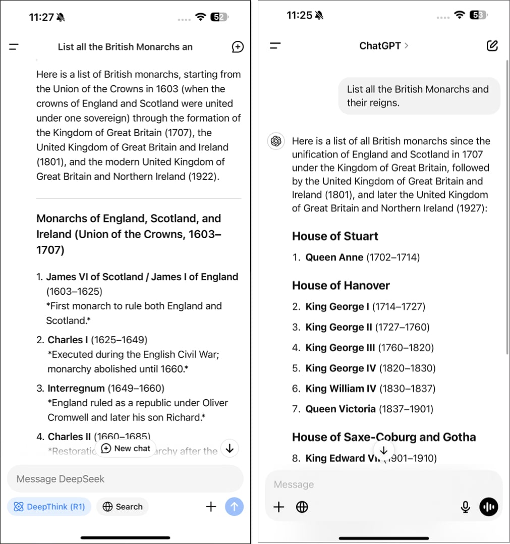 Checking accuracy of DeepSeek and ChatGPT apps on an iPhone.