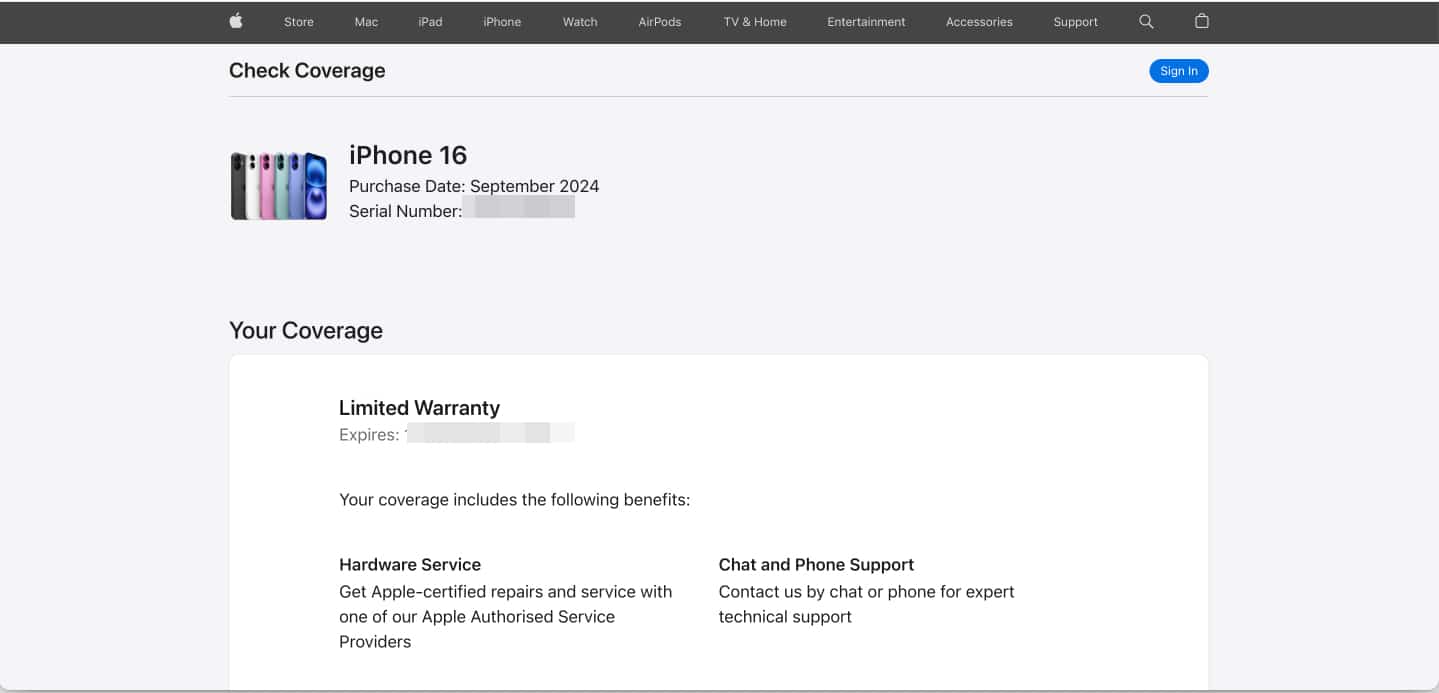 Checking coverage for an iPhone on Apple's Check Coverage tool.