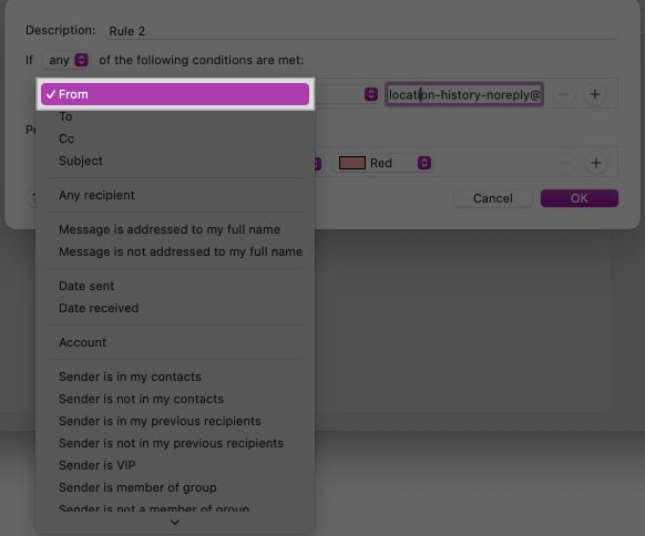 Choose From option to set condition in Mail app.