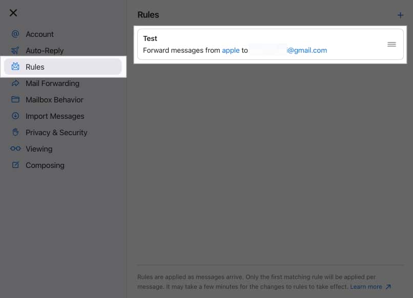 Choosing a Rule in Mail app.