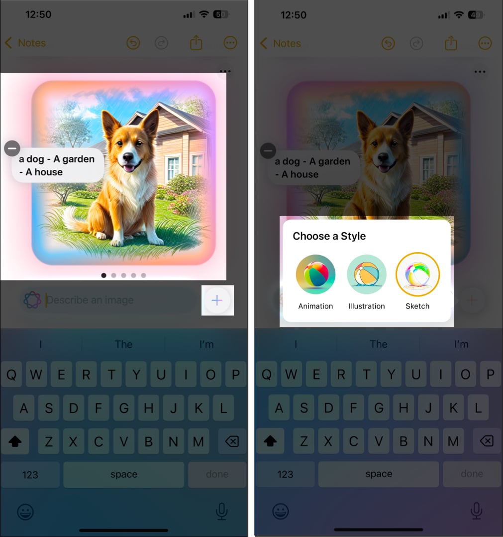 Choosing styles for the generated image in the iPhone Notes app.