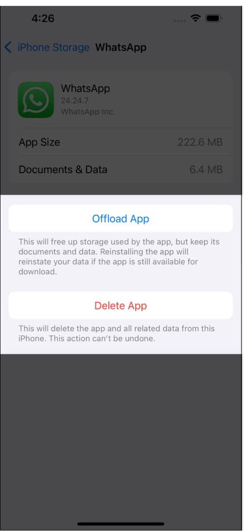 Offload App and Delete App button on an app under iPhone Storage in Settings.