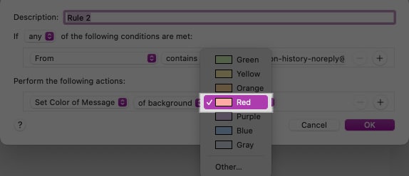 Choosing color to highlight mail on Mac.