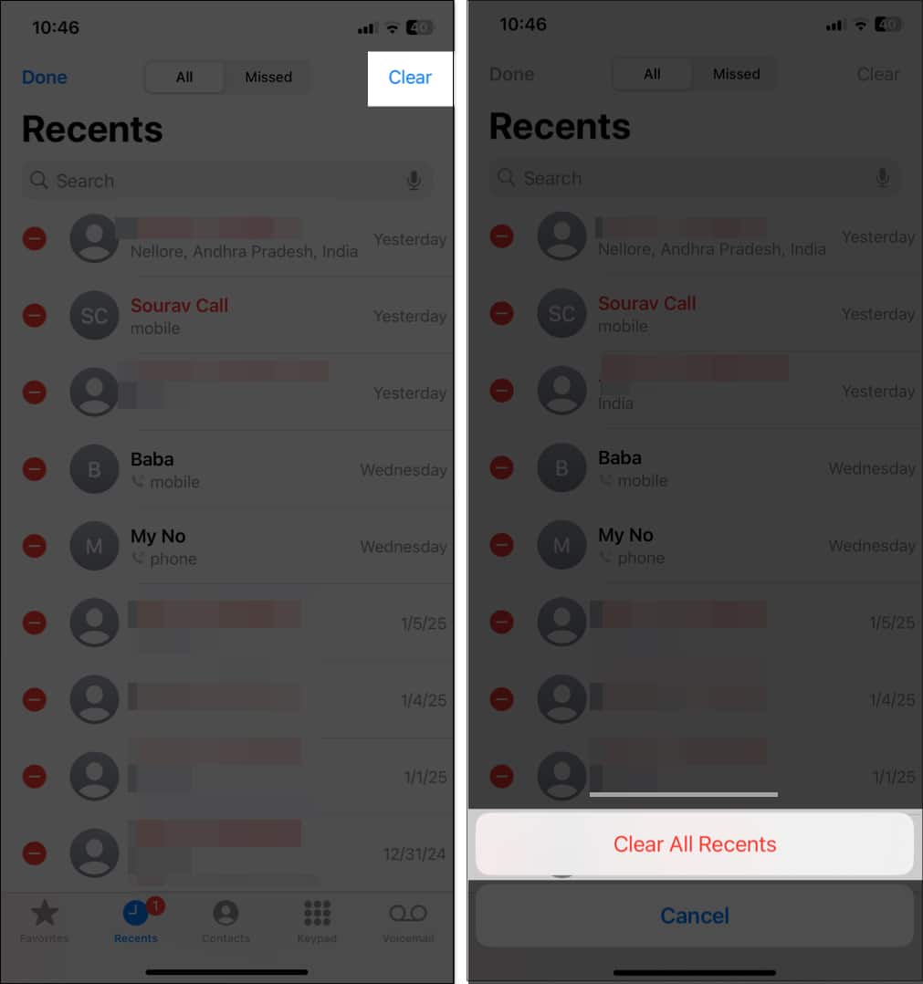 Clearing all Recent calls on an iPhone.