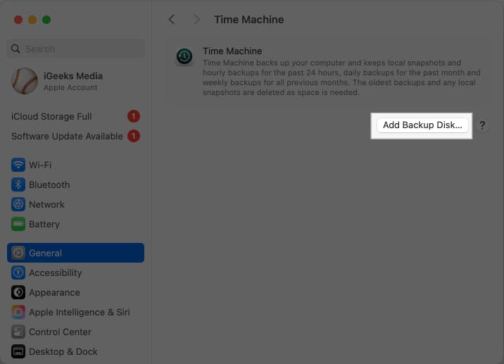 Add Backup Disk button under Time Machine settings.