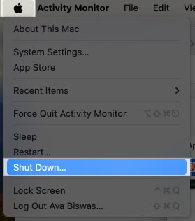 Click on Apple logo and select Shut Down option.