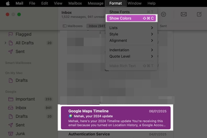 Click on format in Mail app and select Show colors option from the drop down menu.
