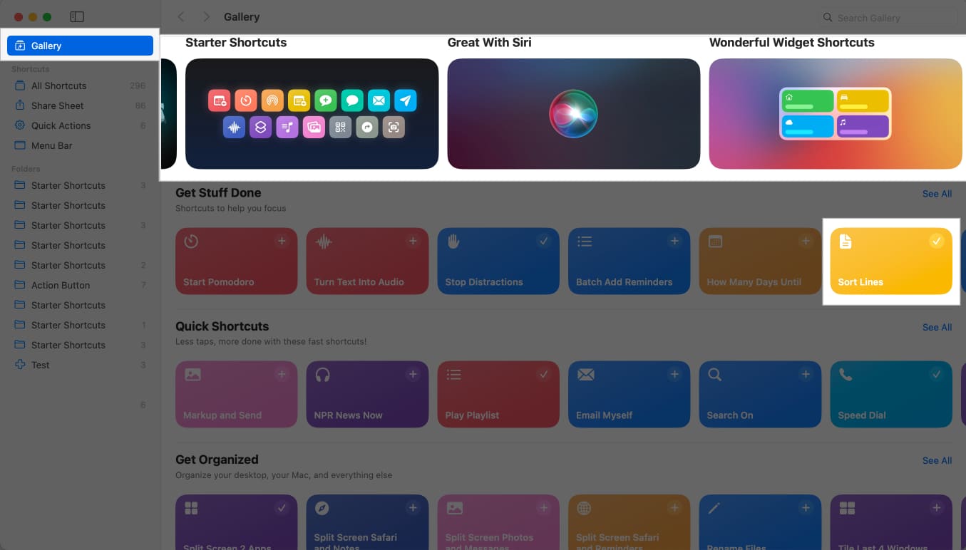 Click on Gallery in Shortcuts app on Mac.
