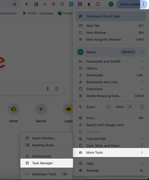 Click on more button on google and select More Tools to open Task manager.