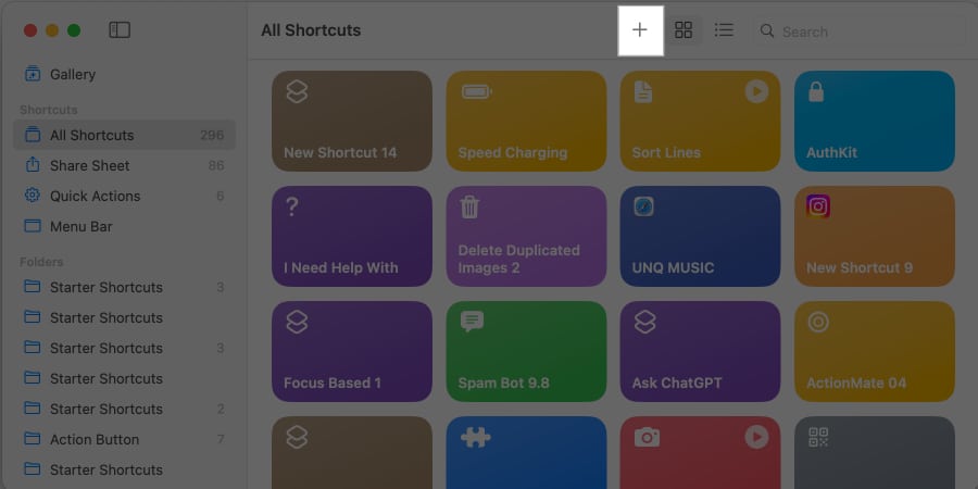 Click on plus icon in Shortcuts app on Mac.