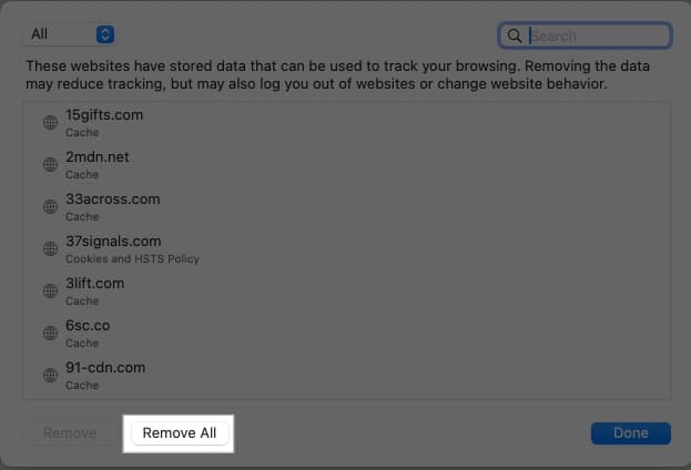 Click on Remove all button to clear browser cache.