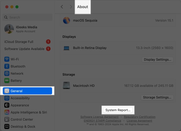 Click on System Report in macOS settings app.