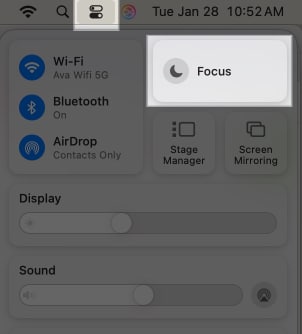 Click on Focus after accessing Control Center on Mac.