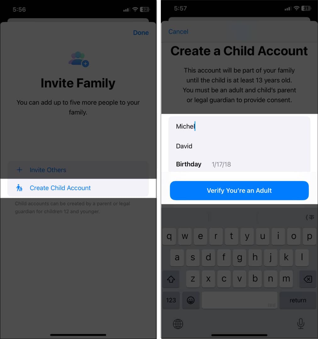 Creating child account from iPhone settings app.