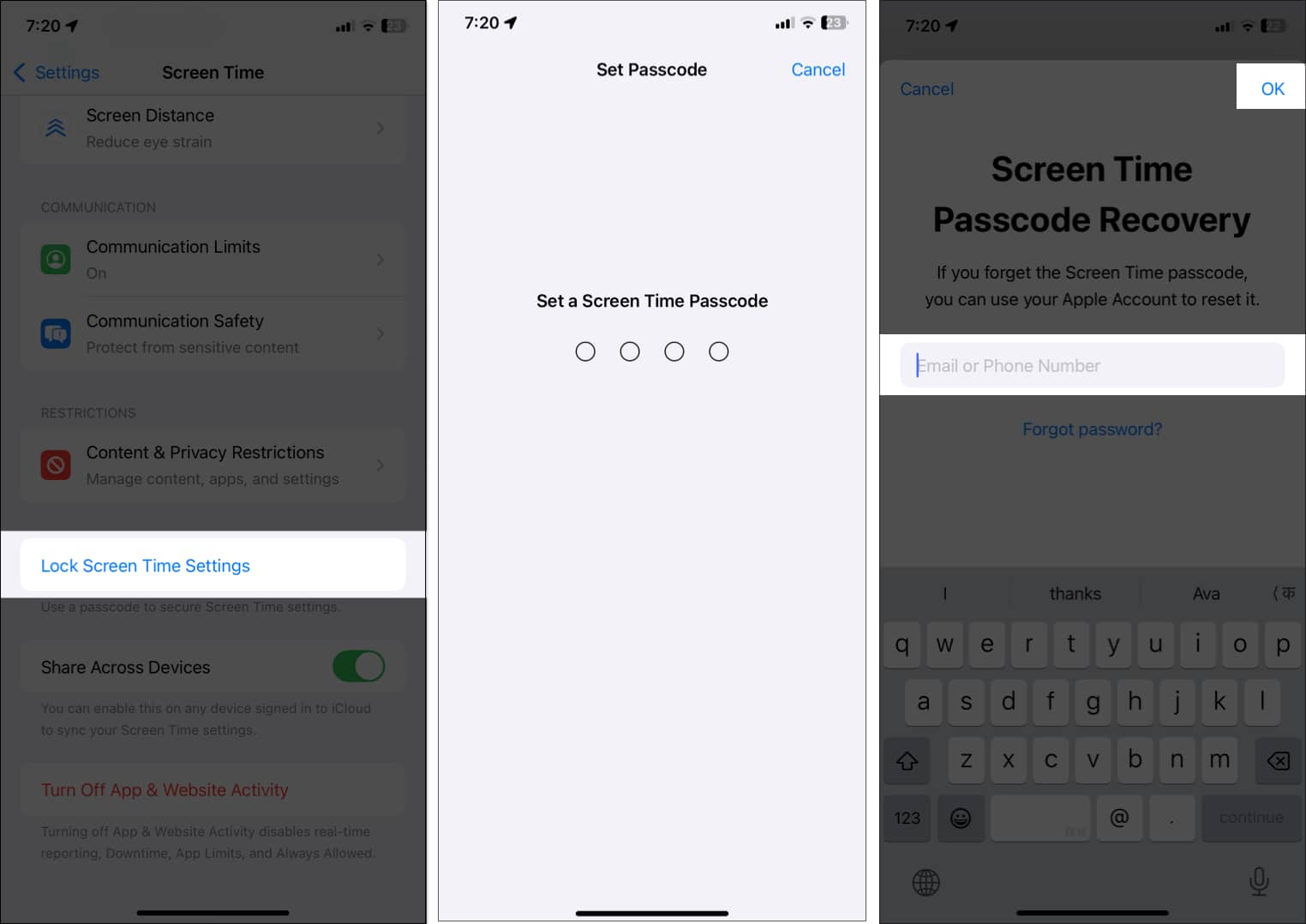 Creating Screen Time passcode.