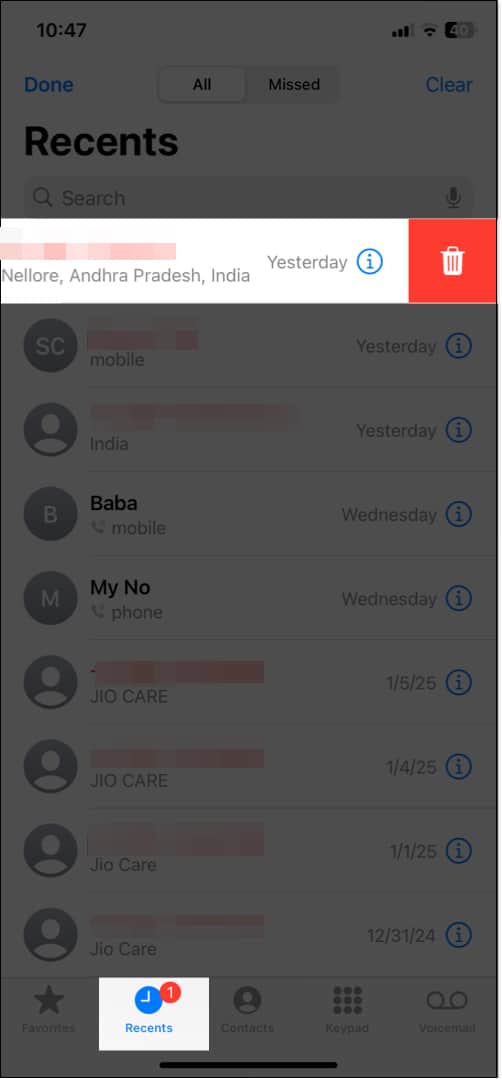 Deleting a call log from the Recents tab on the iOS Phone app.