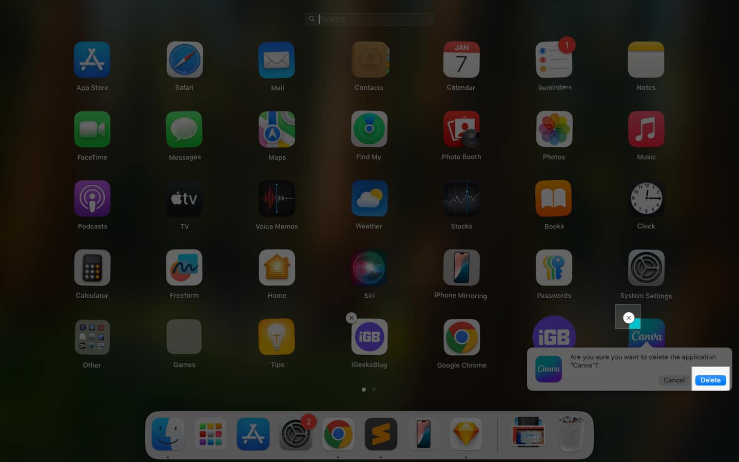 Deleting an app from Launchpad on a Mac.