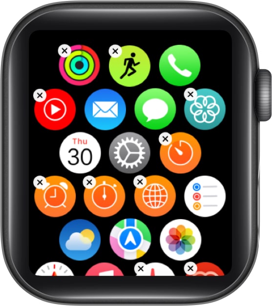 Deleting an app in Grid View on an Apple Watch.