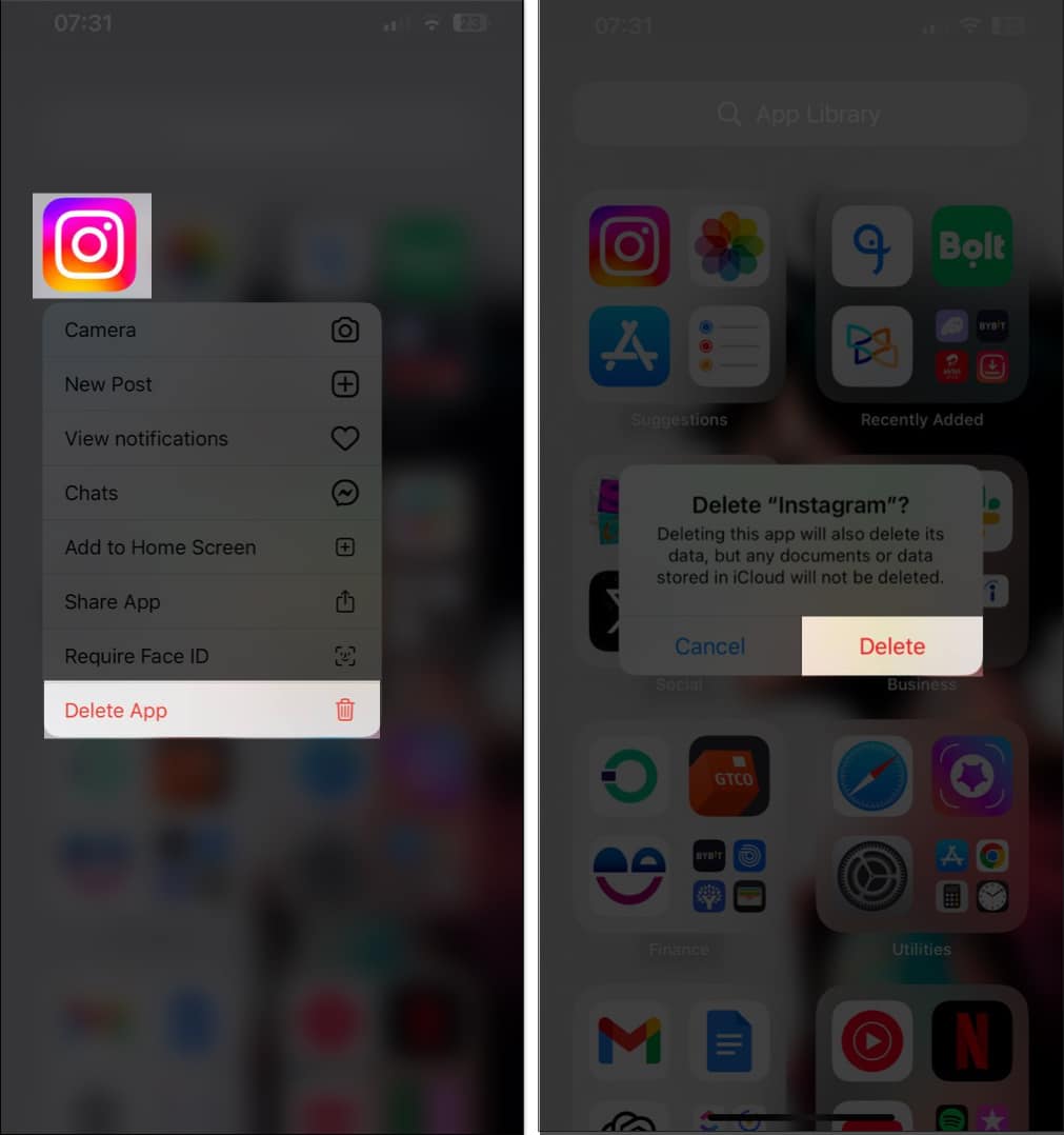 Deleting the Instagram app on an iPhone.