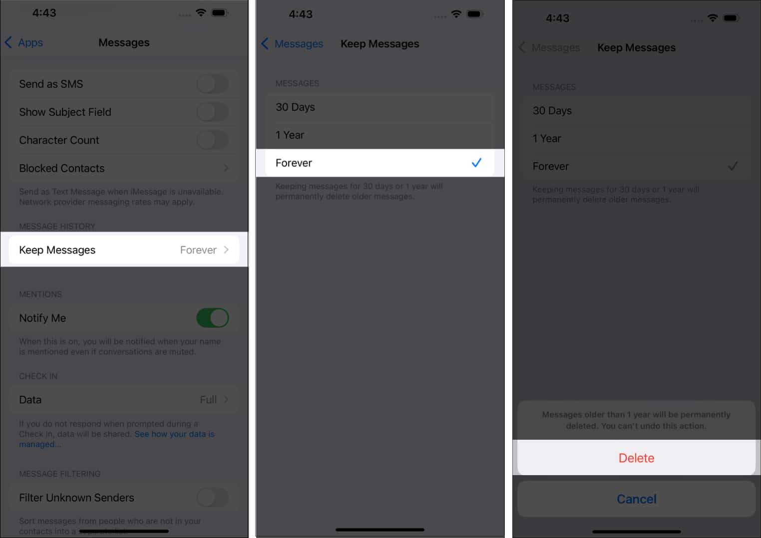 Deleting old messages from the Settings app.