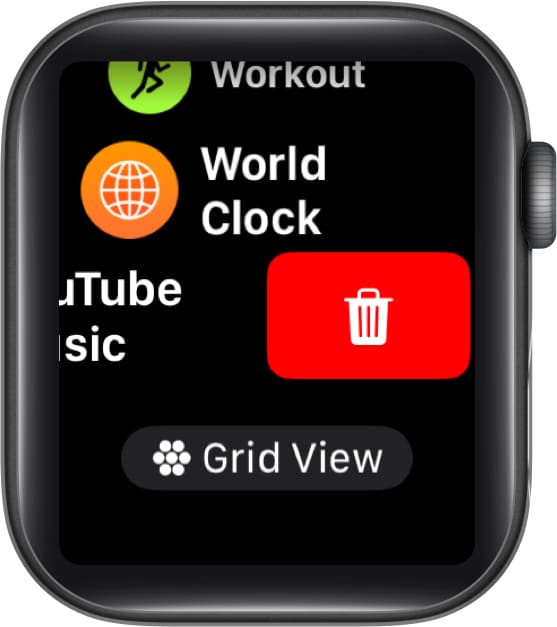Deleting an app in List View on an Apple Watch.