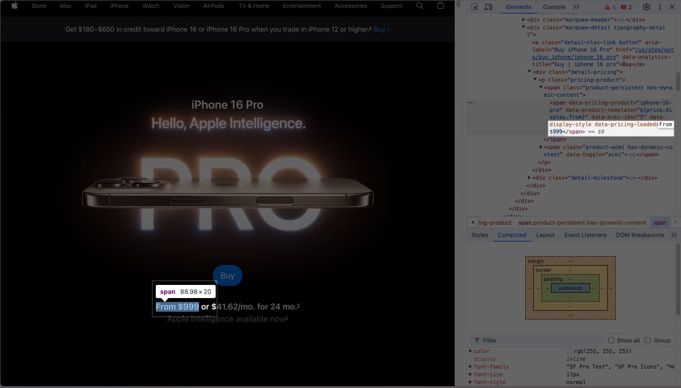 Checking a display's properties in Chrome on a Mac.