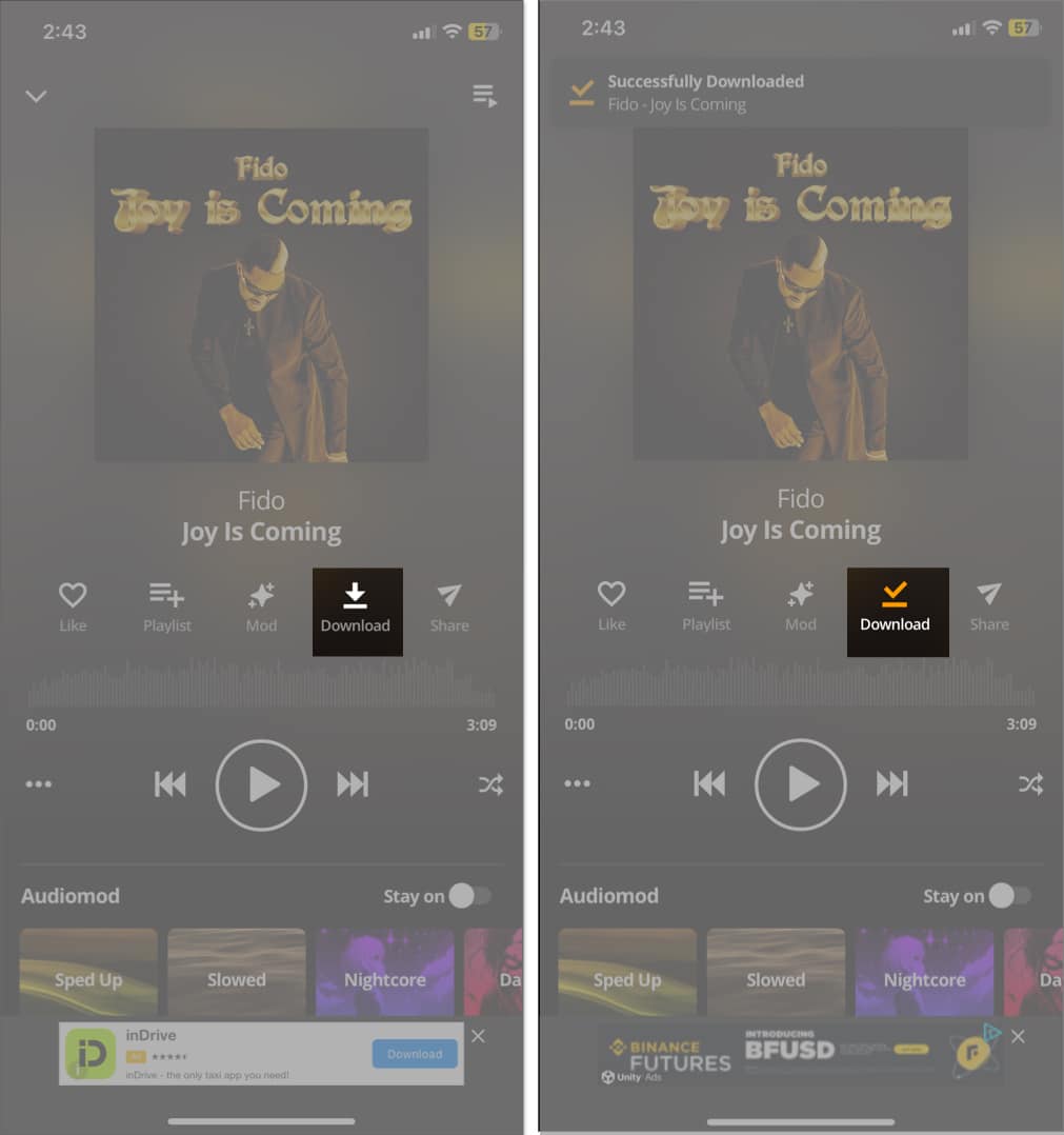 Downloading song for free from Audiomack app on iPhone.