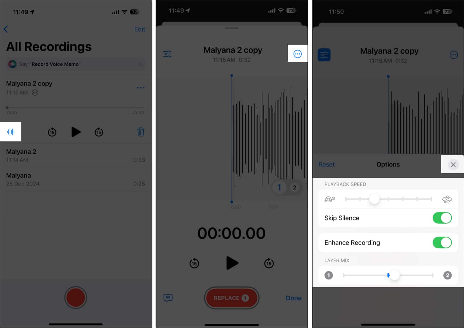 Editing layered voice memo on iPhone.