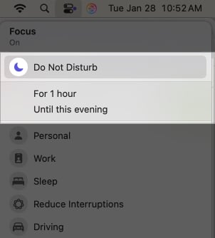 Enabling Do Not Disturb mode from Control Center on Mac.