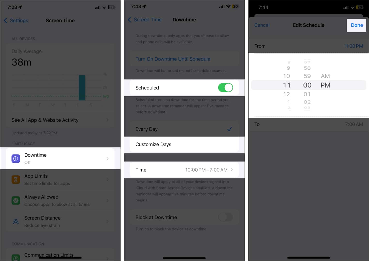 Enabling Downtime from iOS settings app.