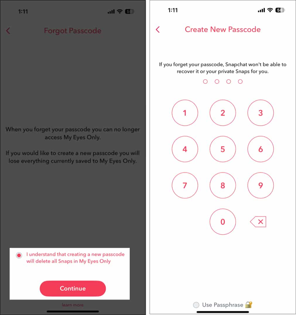 Entering new passcode for My Eyes Only.