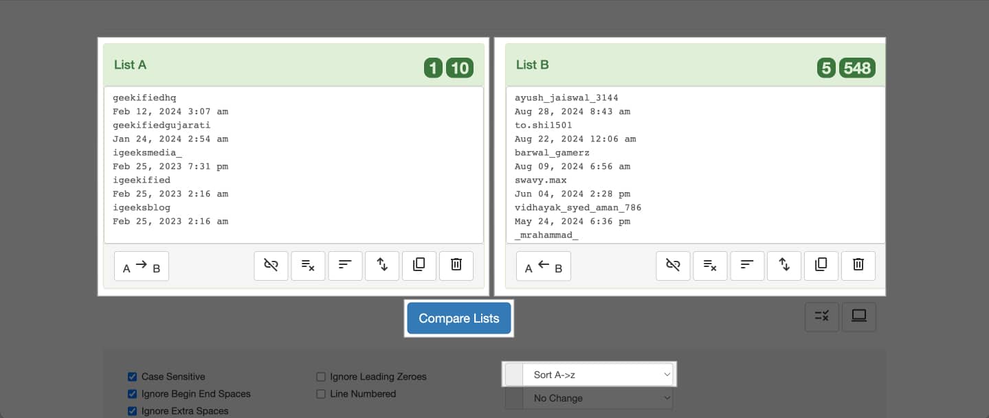 Copying Instagram Followers and Following details to the ListDiff website on a Mac.