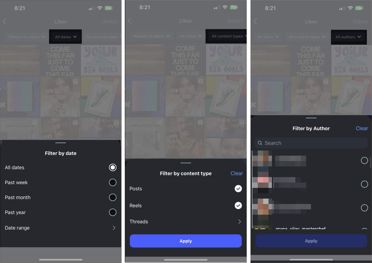 Filtering Instagram likes by date, content type, and authors.