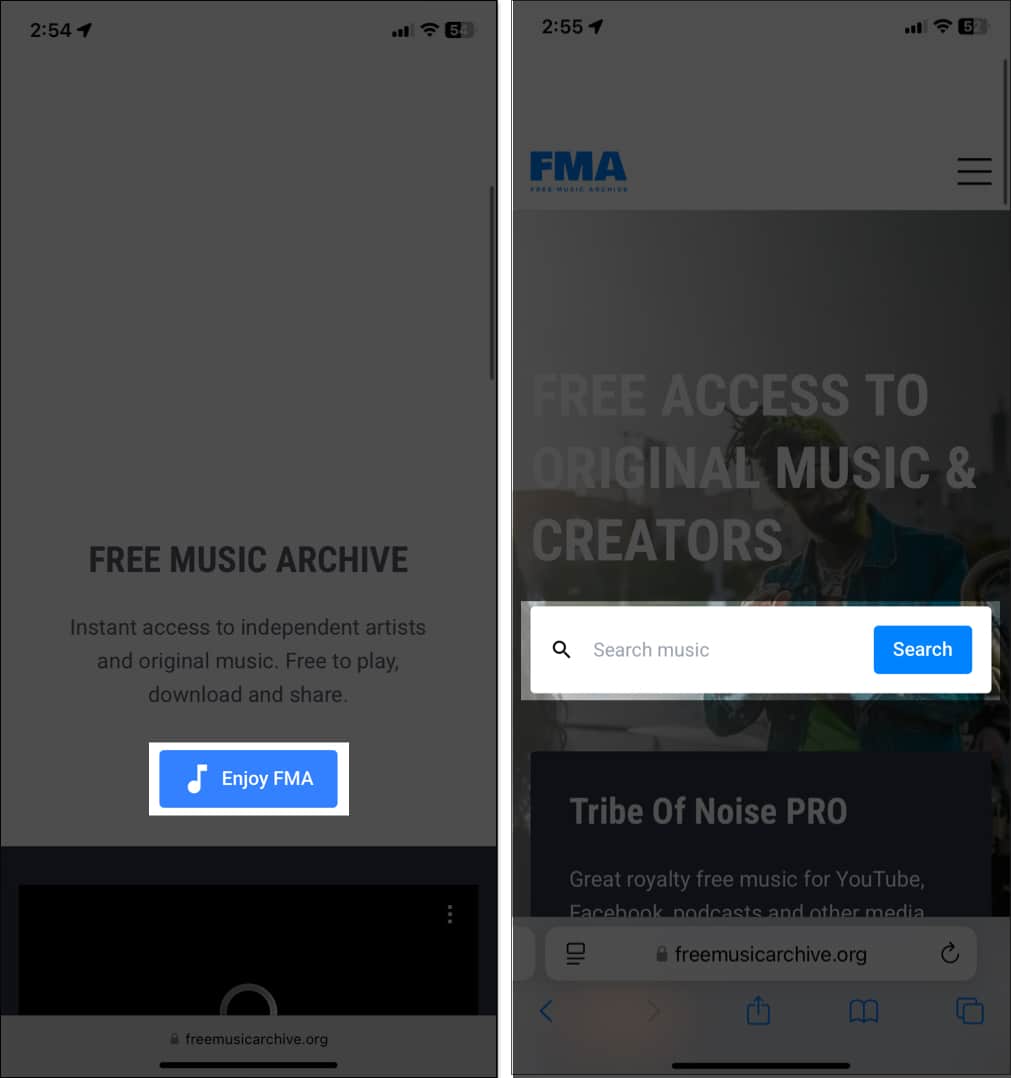 Go to Free Music Archive website on safari and tap on Enjoy FMA button.