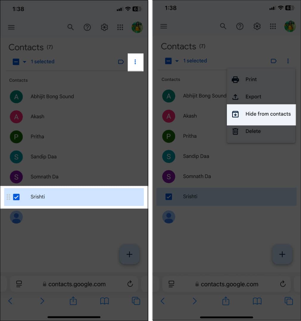 Hiding contact from Goggle Contacts on iPhone.