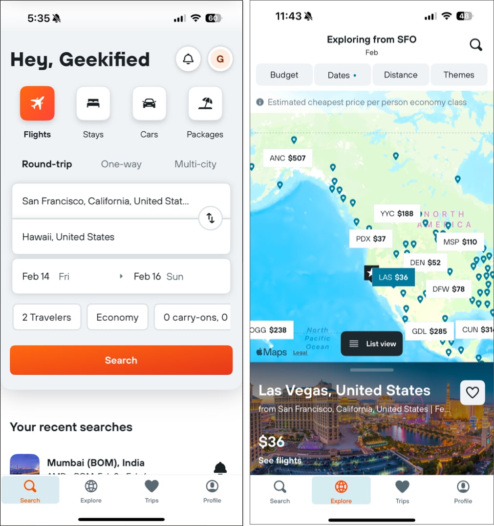 KAYAK: Flights, Hotels & Cars app for iPhones.