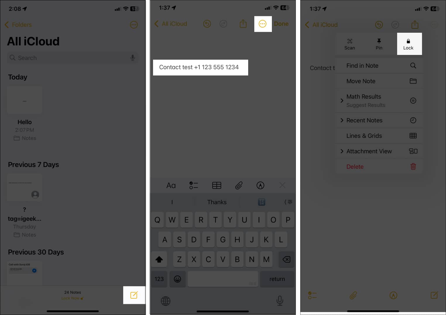 Locking note after adding contact details in the Notes app on an iPhone.