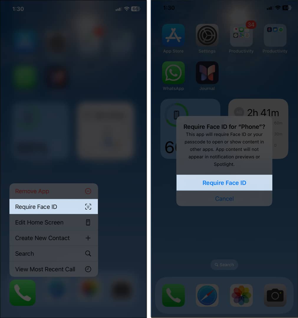 Locking Phone app with Face ID on an iPhone.