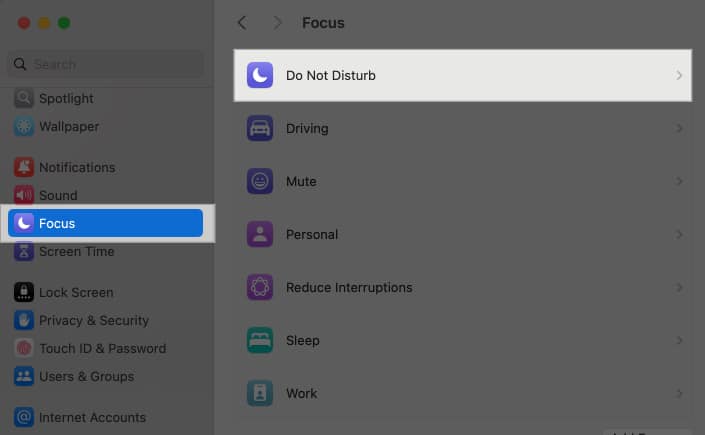 Navigating to Do Not Disturb from Focus settings on MacBook.