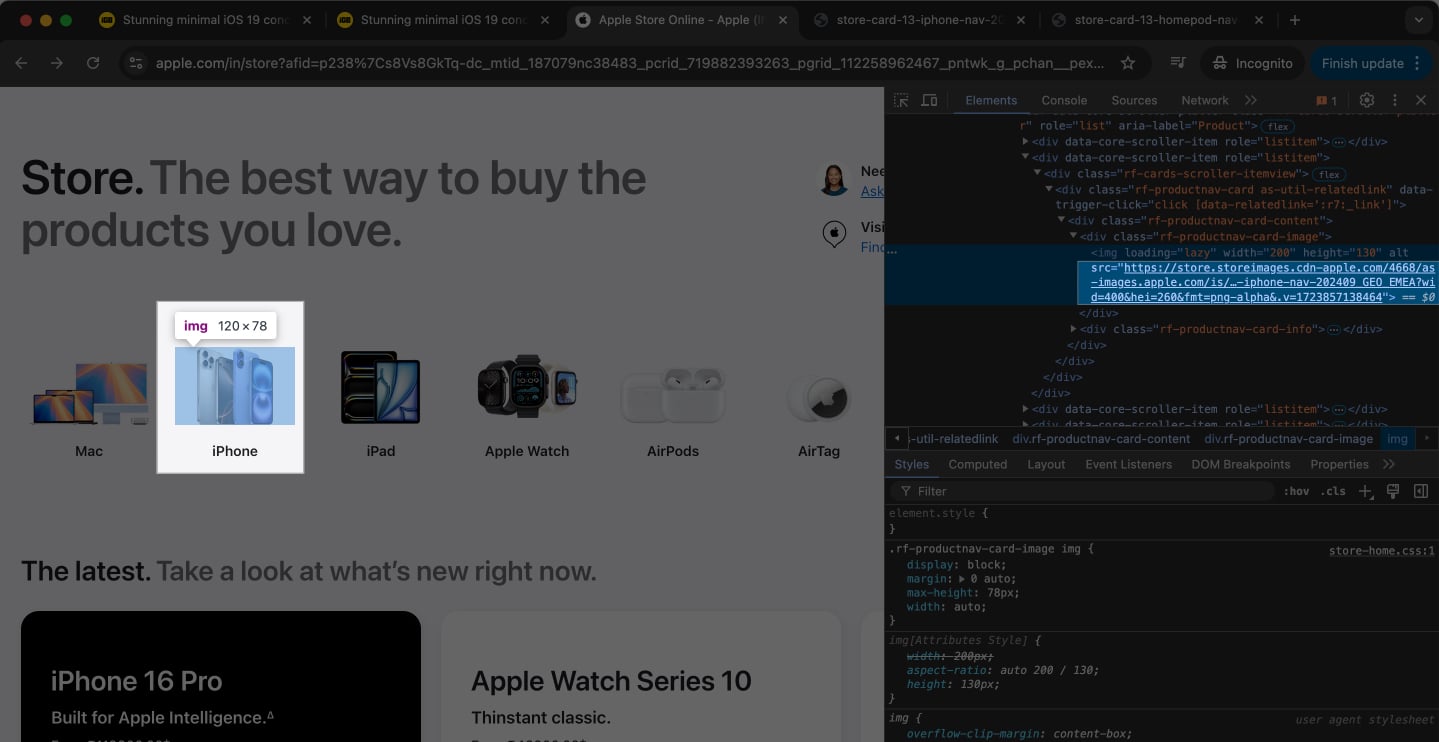 Navigating to src attribute in Chrome Developer Tools on a Mac.