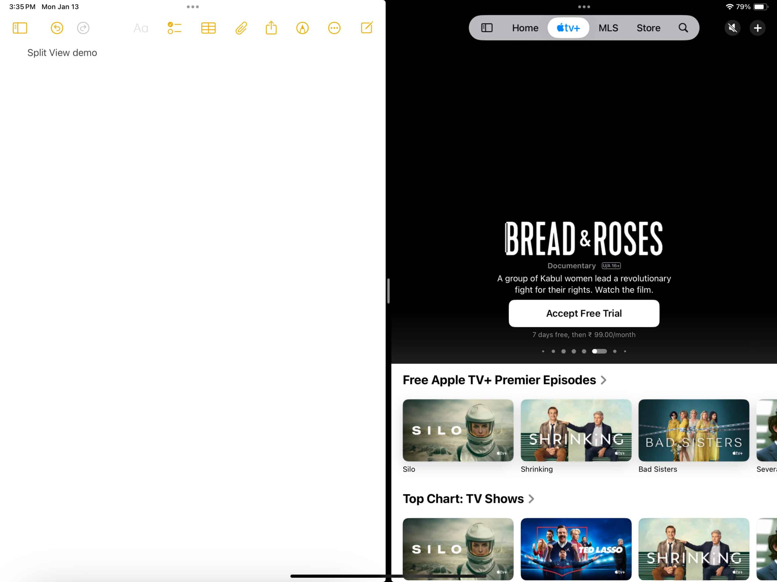 Notes app and Apple TV app in the Split View mode on an iPad.