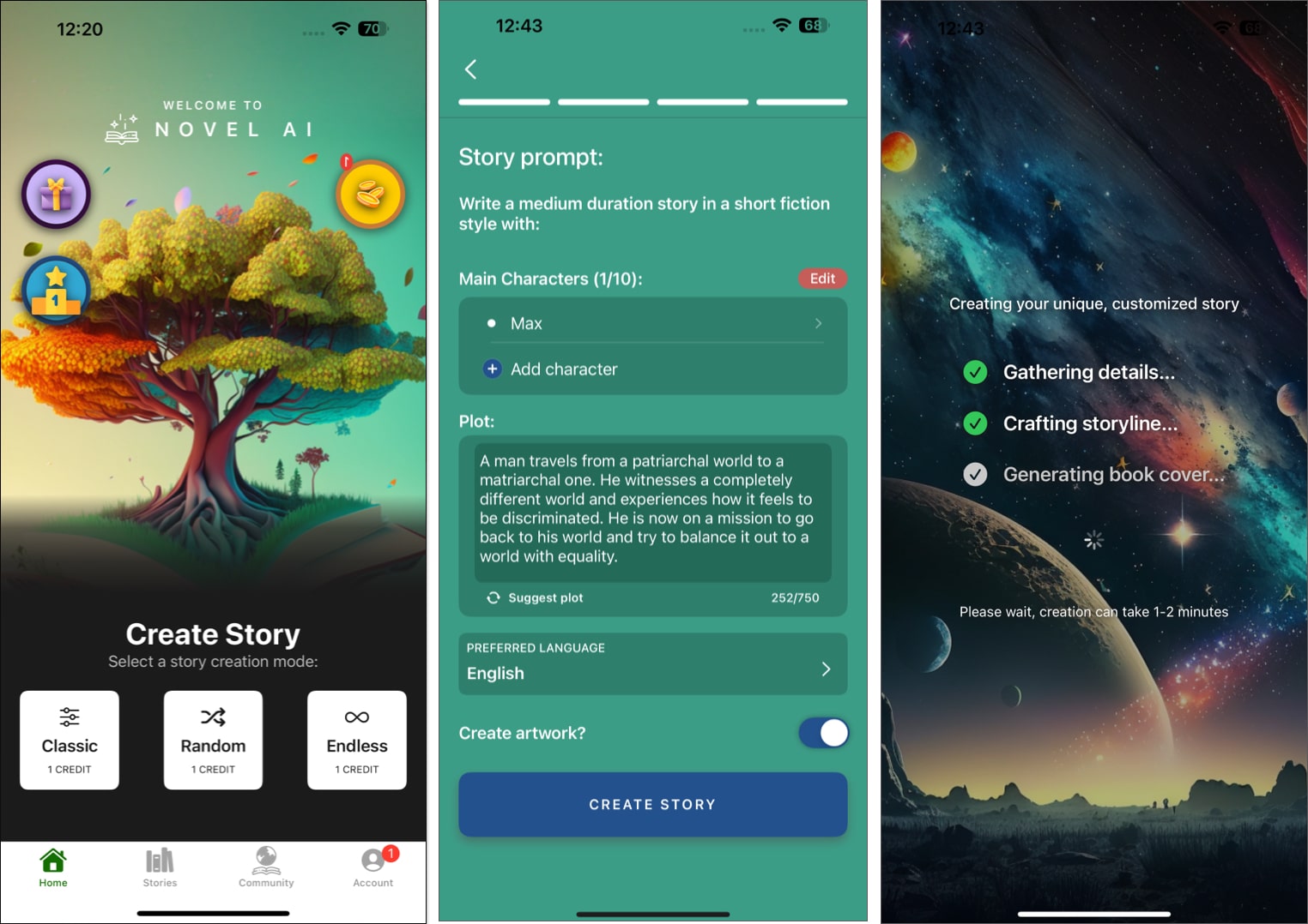 Novel AI: Book Creator app on an iPhone.