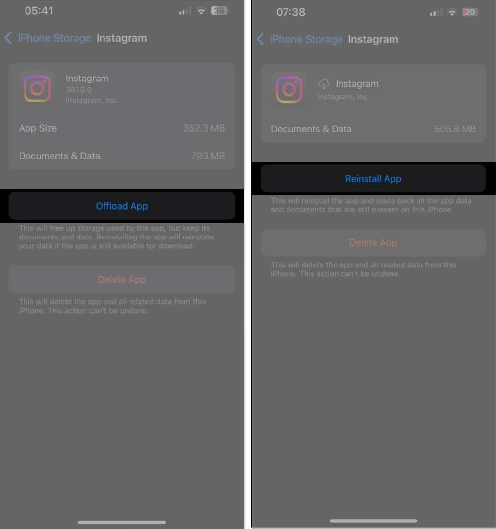 Offloading and reinstalling the Instagram app on an iPhone.