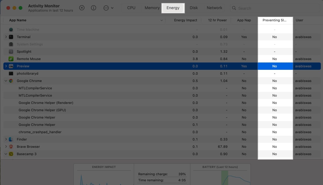 Preventing sleep column in energy tab on activity monitor.