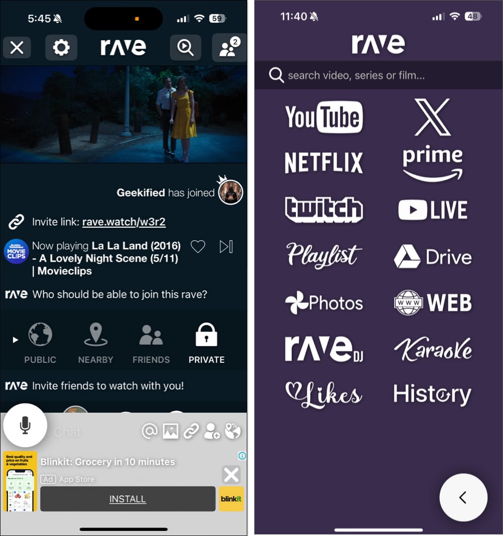 Rave - Watch Party iPhone app.