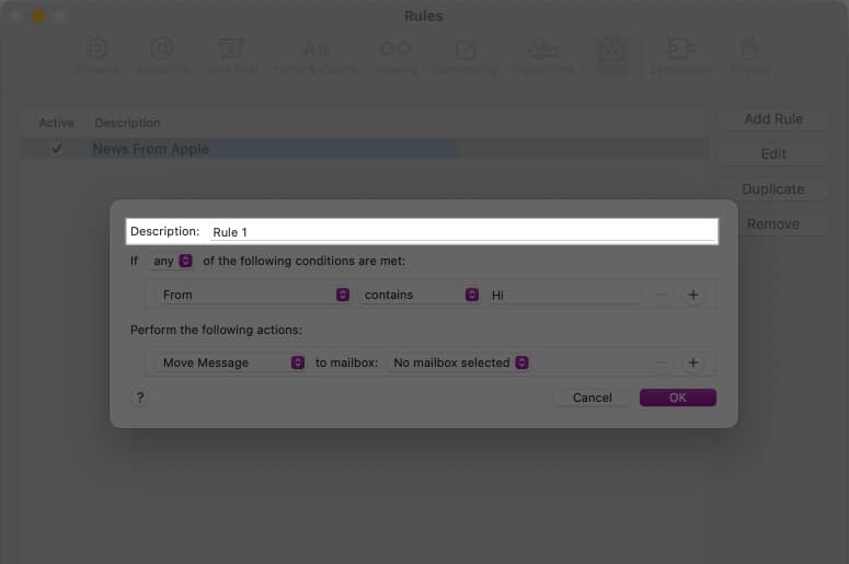 Re-naming rule in the description field.