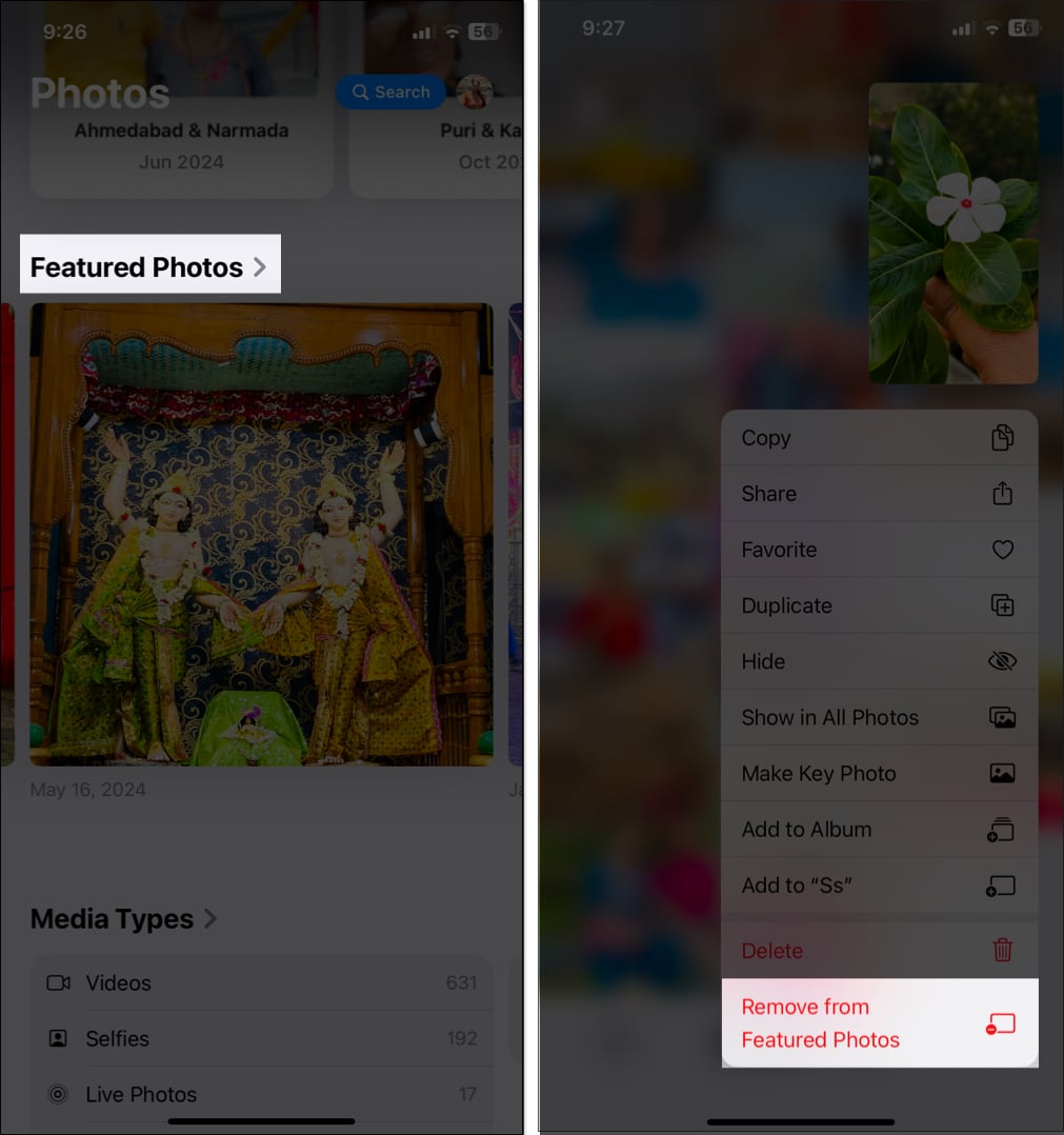 Removing image from Featured photo section in Photos app on iPhone.