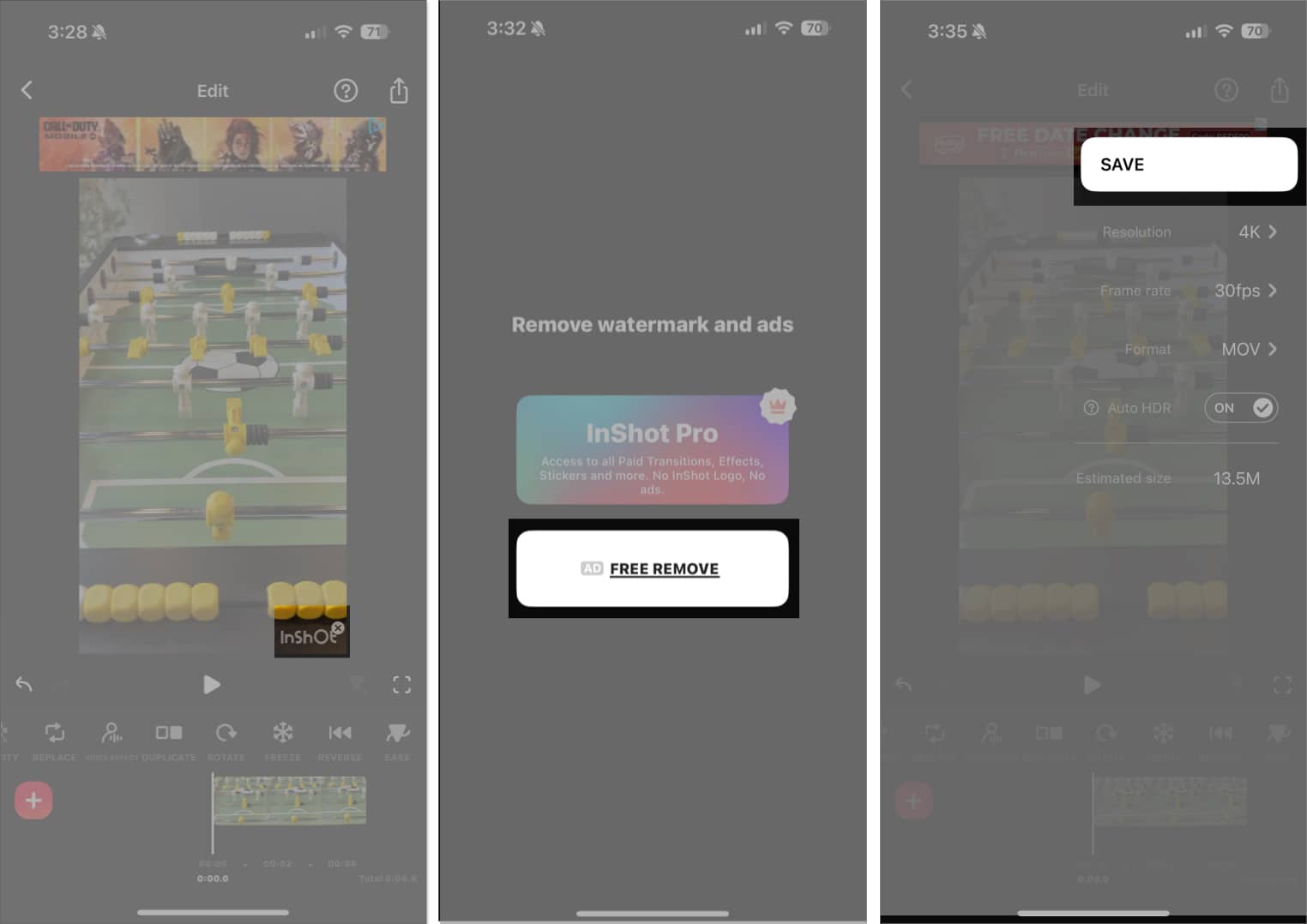 Removing watermark from a reversed video in the Inshot app and saving it.