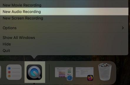 Choosing the New Audio Recording option for the QuickTime Player app on a Mac.