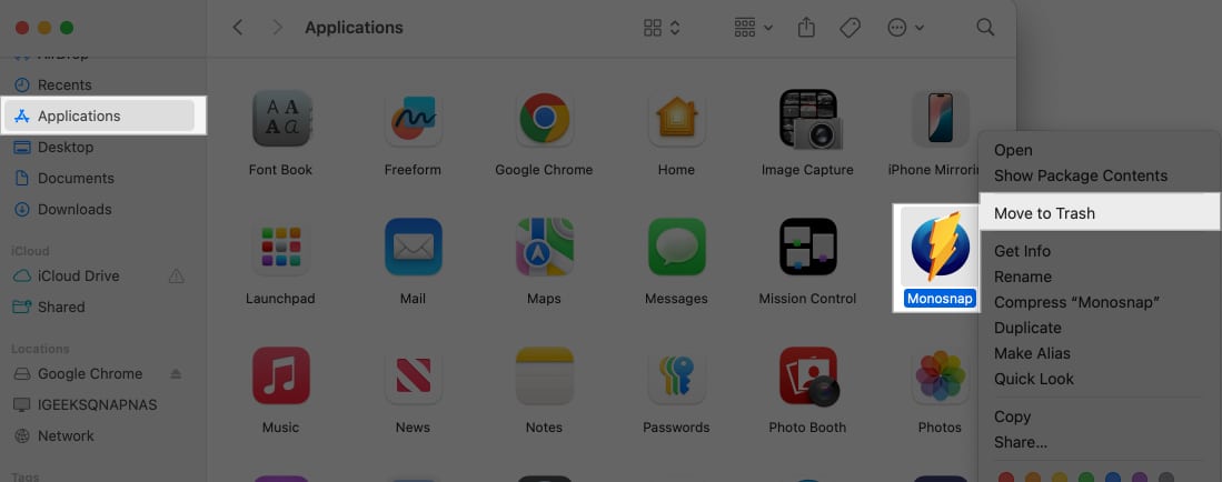 Deleting an app using the Move to Trash option in the context menu for an app in Finder.